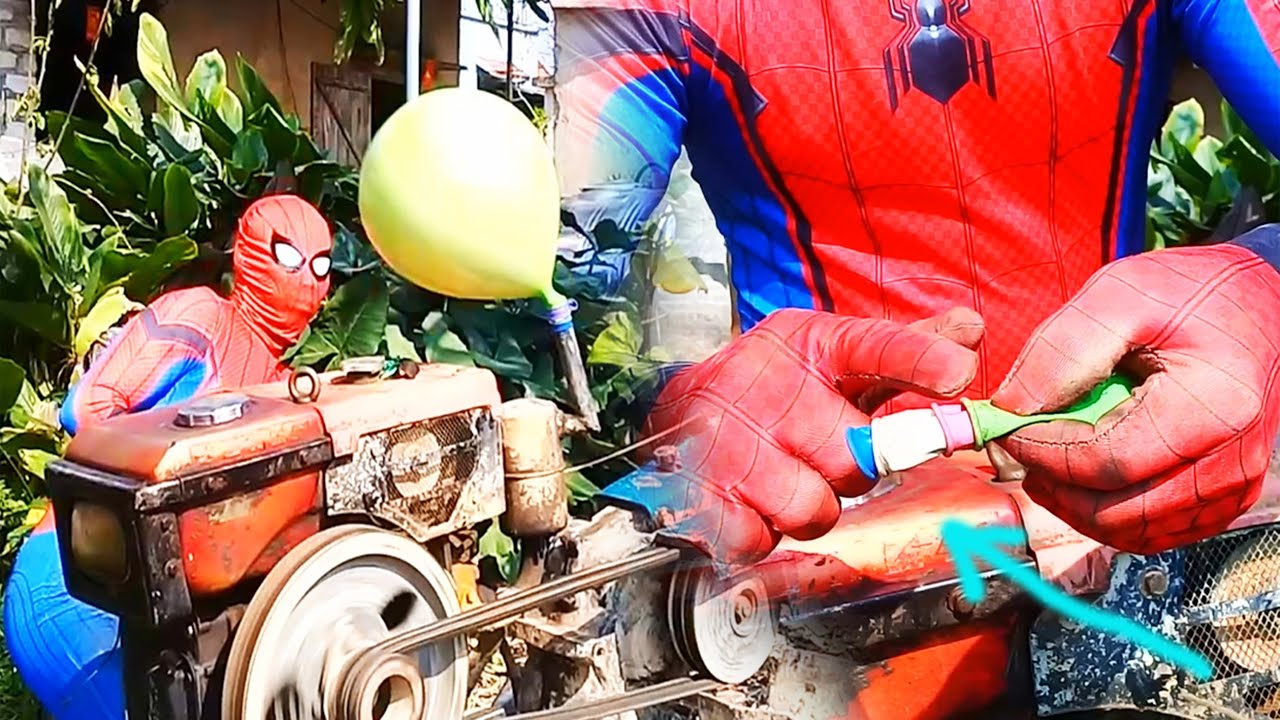 Spider-Man spins tractor challenge and blows 5 balloons | Funny Video