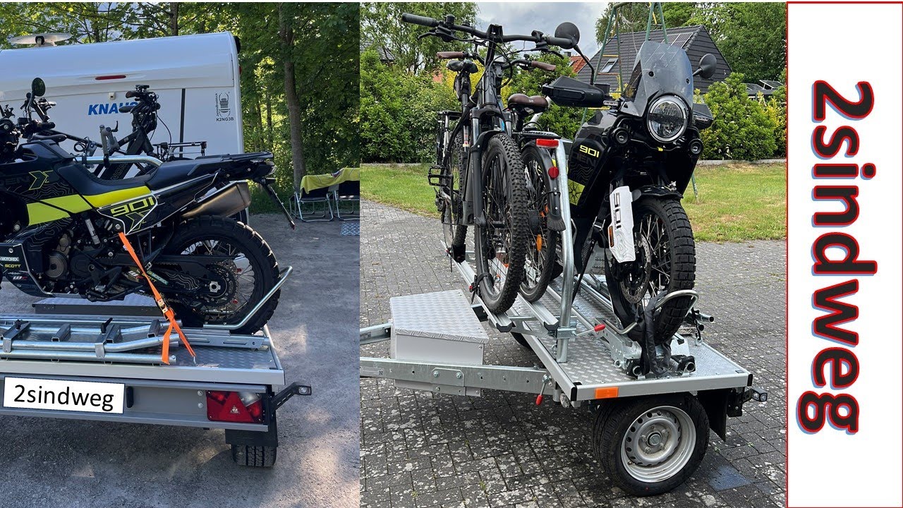 Motorradanhänger am Wohnmobil. Das Motorrad steht quer. Der Sawiko Wheely
