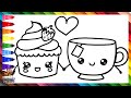 Dibuja y Colorea Un Lindo Cupcake Con Una Taza De Té 🧁💗☕🌈 Dibujos Para Niños