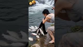 Woman Using Her Long Black Hair She Was Able To Catch Fish
