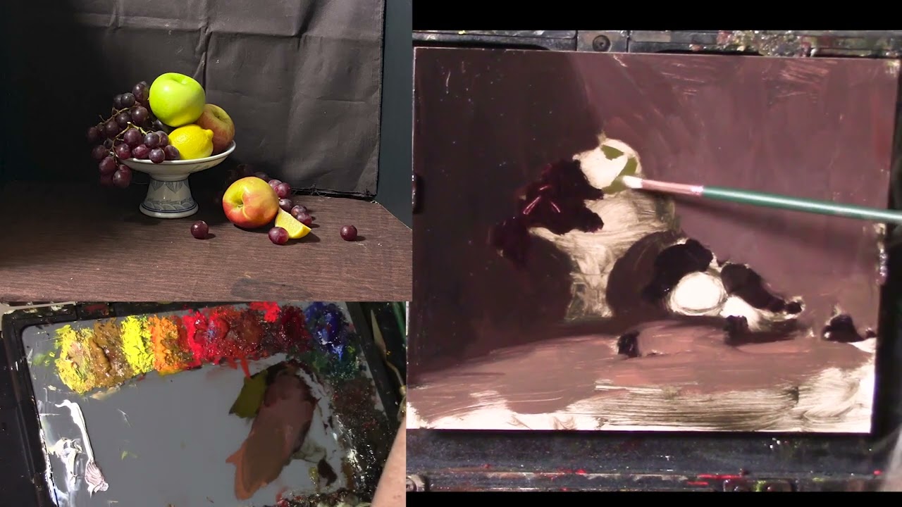 Демонстрация полной картины маслом натюрморта — Ваза с фруктами «Кьяроскуро»