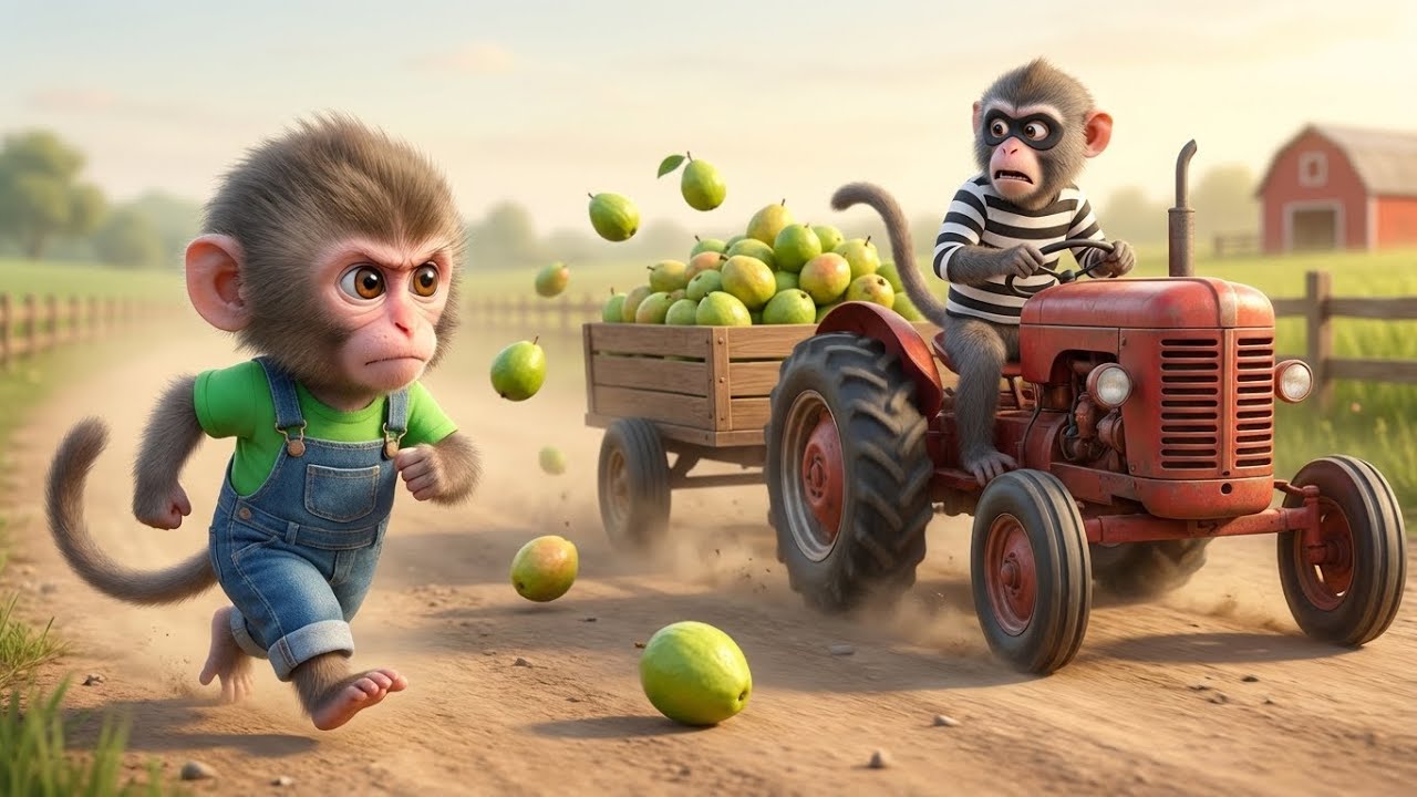 Baby Monkey Chases the Guava Thief! Tiny Tractor Escape on the Farm 🐒🚜🍐