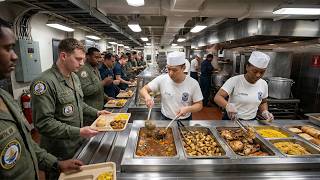 US Navy Cooks Handle Rush Hour Inside Narrow Kitchen In the Middle of the Ocean