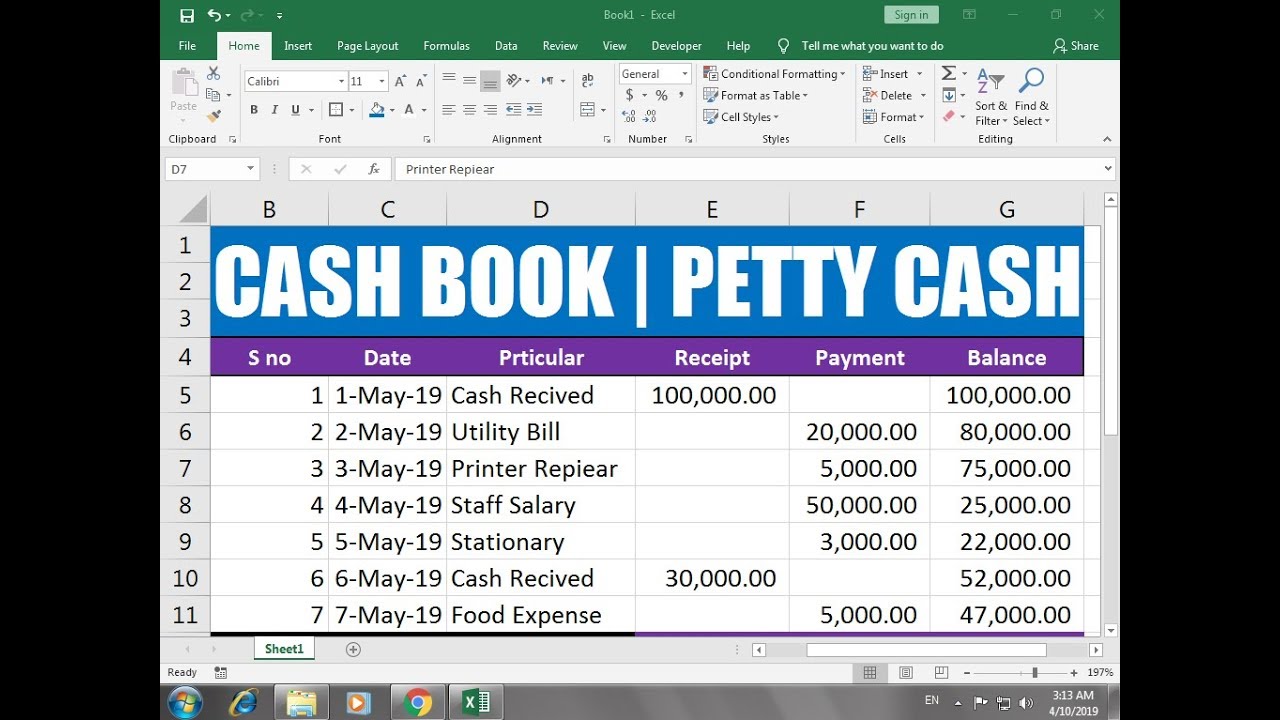 #269 How TO Maintain Cash Book ans Petty Cash Record in Excel 2019 Hindi