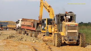 Road Construction Equipment Work - Roller Motor Grader Dump Truck Bulldozer Excavator