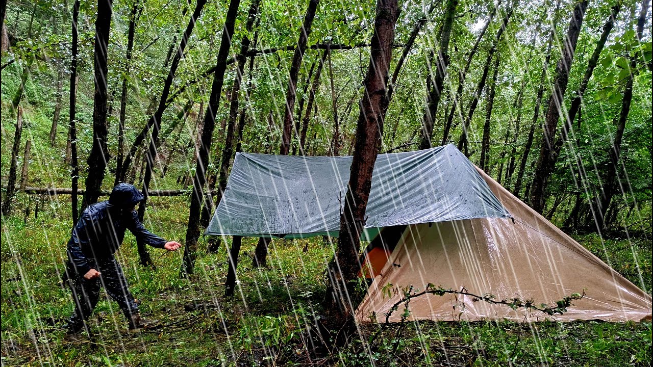 Solo camping in heavy rain _ Building a shelter in the rain _ ASMR ...