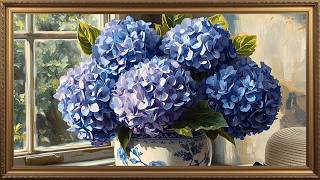 Elegant Blue Hydrangea Coastal Luxury Frame TV Art 4K Vintage Screensaver