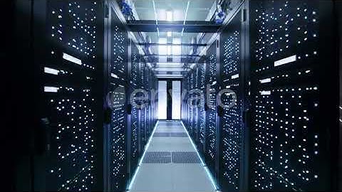 Moving Through Endless Data Center with Server Racks Full of Blinking LED Lights. (Stock Footage)