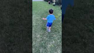 Boy kicks miniature soccer ball then trips over it
