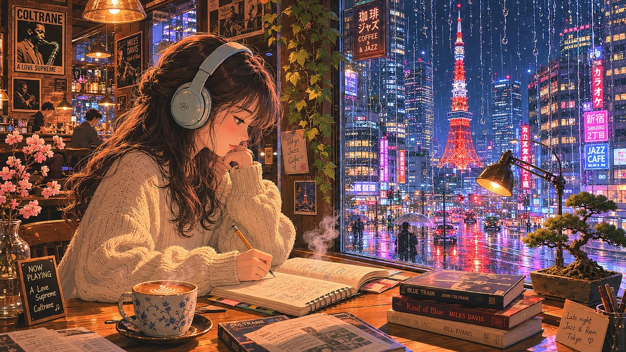 Cozy Study Music 🍷 Rainy Tokyo Jazz Cafe 🌃 Late Night Lofi 2 Hour Rain ...