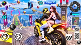 🏍️ Yellow Super Bike Ramp Stunt with Girl ❤️ | Mega Sky Track Challenge | 3D Driving Class Gameplay screenshot 4