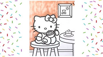 Hello Kitty Enjoying Hot Cocoa and Cake / Kids Coloring Page with Marker / Speed Coloring Time Lapse