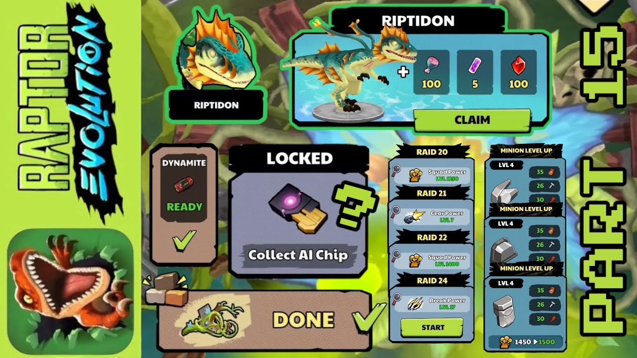 Raptor Evolution - New skin RIPTIDON, Minions lvl up, collect dynamite, raid 20-24 [Part15]