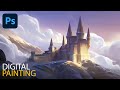 Winter castle painting process from sketch to finish