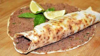 (Lahmacun Recipe)  اللحم بعجين التركية اللذيذة بعجينة ممتازة بالمقلاة وخلطة شهية جدا