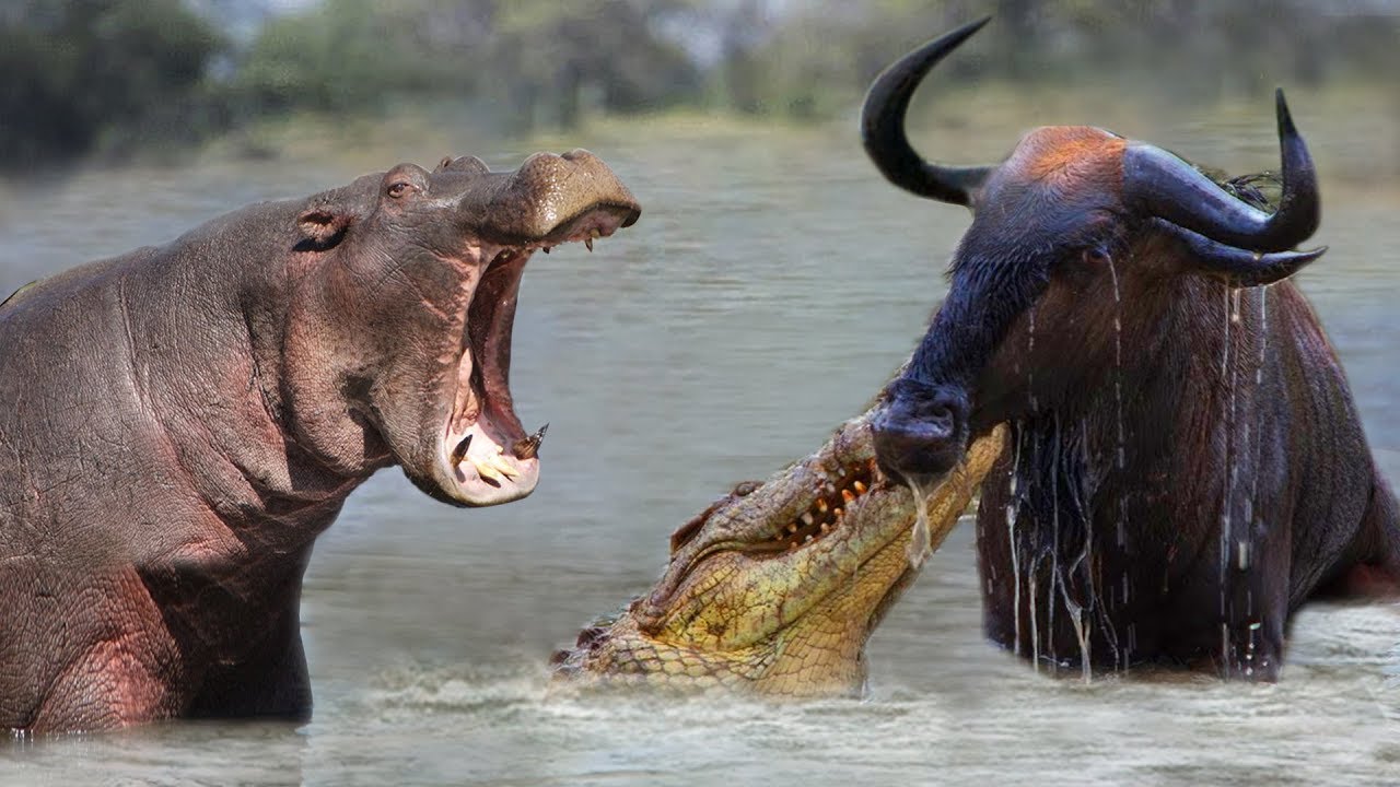 Hippos Save Wildebeest from Crocodiles - Hippo Destroy Crocodile Save  wildebeest - YouTube