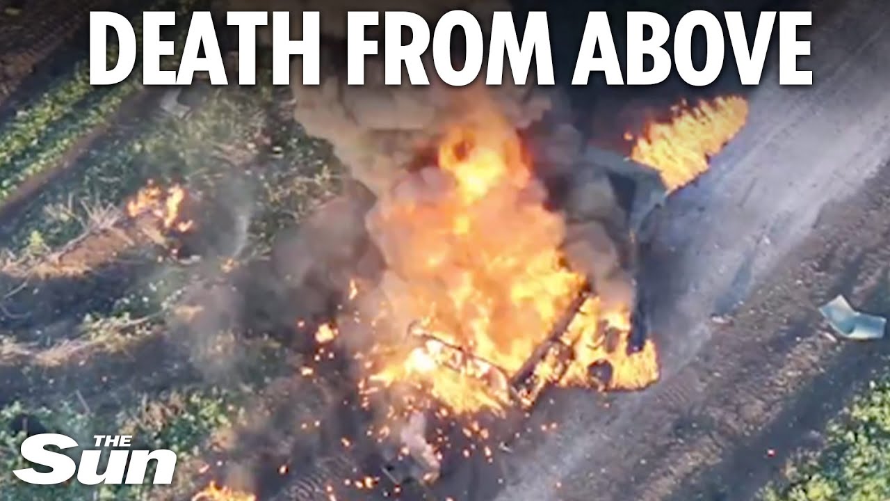 Dramatic moment Ukrainian kamikaze drones destroy dozens of Russian tanks