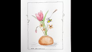 Fun and Easy Line and Wash Watercolor Flower Painting Demo.