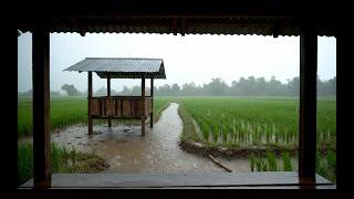 Intense Heavy Rain ASMR in Open Rice Field Hut at Dusk | No Talking, Sleep & Focus