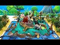 Dinosaur island with volcano eruption sea dino trex brachiosaurus dino play