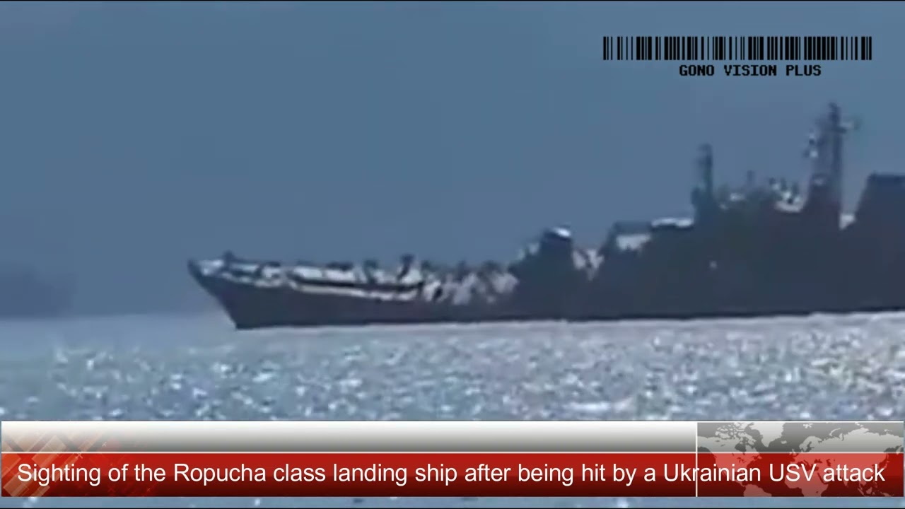 Sighting of the Ropucha class landing ship after being hit by a Ukrainian USV attack