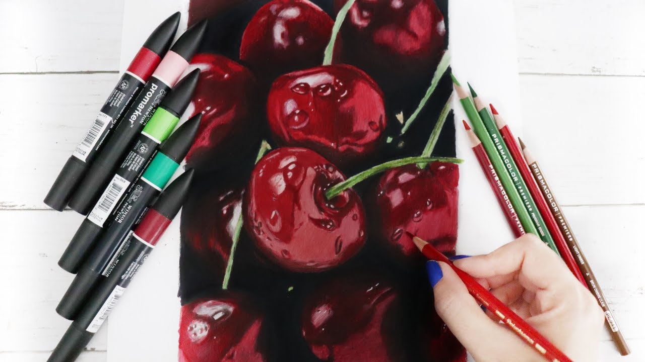 How to use MARKERS with COLORED PENCILS - Drawing Realistic Cherries 