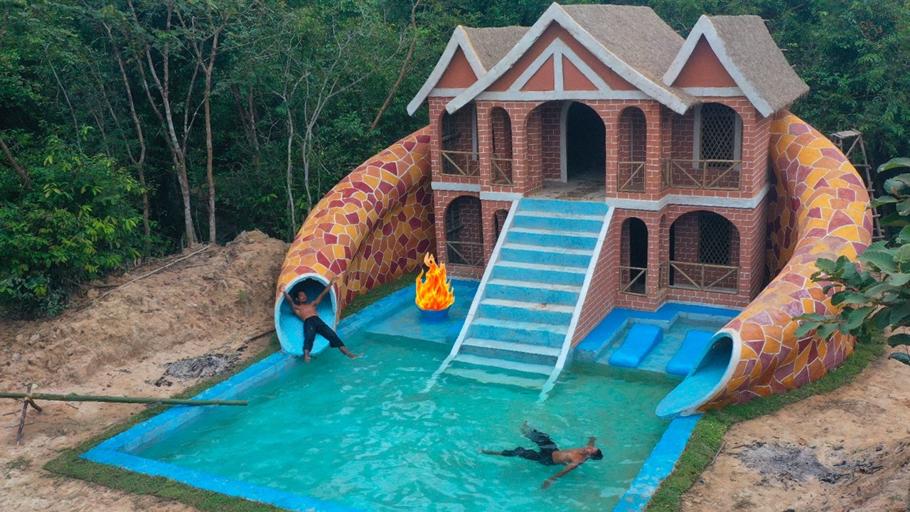 120 Days Building Underground two-story House with water Slide To Swimming Pool