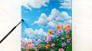Easy Colourful Flower Field Acrylic Painting with Clouds in the Blue Sky / Spring painting idea