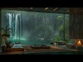 Modern apartment in forest with waterfall  sleep instantly within 10 minute with rain  fire sounds