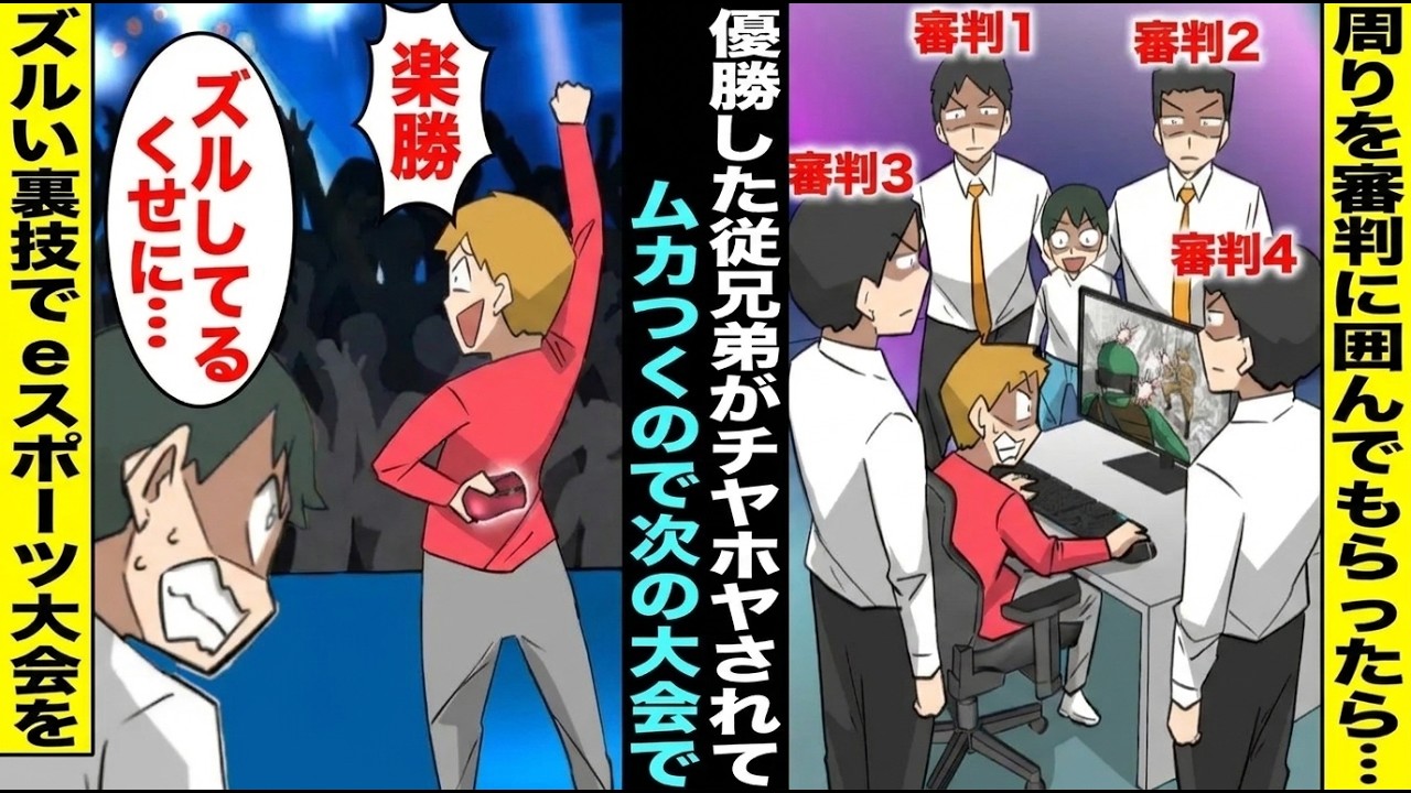 【漫画】ズルい裏技でeスポーツ大会を優勝してチヤホヤされてる従兄弟…次の大会でズルできないように4人の審判に周りを囲んでもらった結果【スカッと】【アニメ】【スカッとする話】