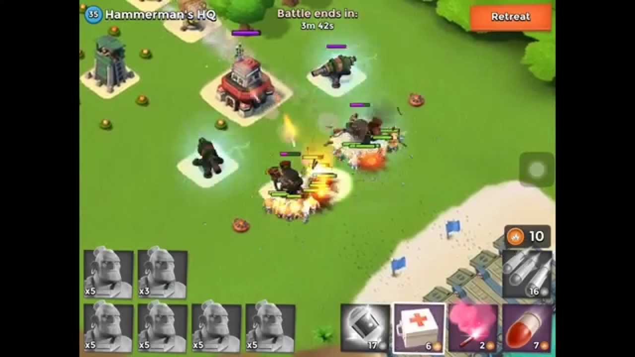 [Boom beach] Warrior lv 4 vs Hammerman HQ lv 35 YouTube