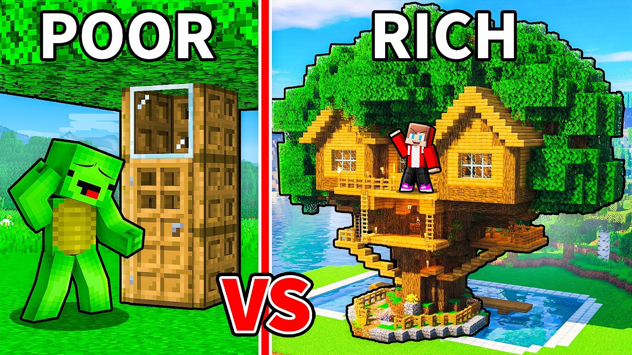 JJ and Mikey: POOR vs RICH TREE BASE BATTLE in Minecraft - Maizen