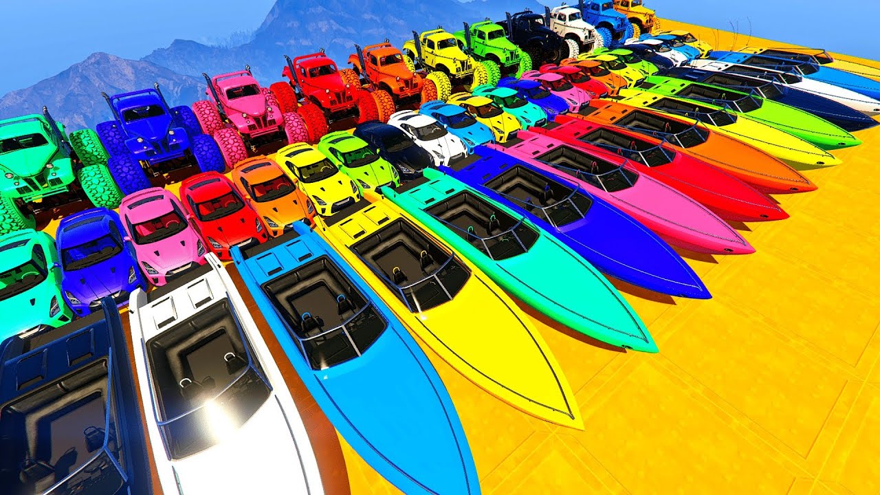 GTA V Epic New Stunt Map Car Race Challenge By SPIDER-MAN On Super Car, Boat, OffRoad Monster Trucks