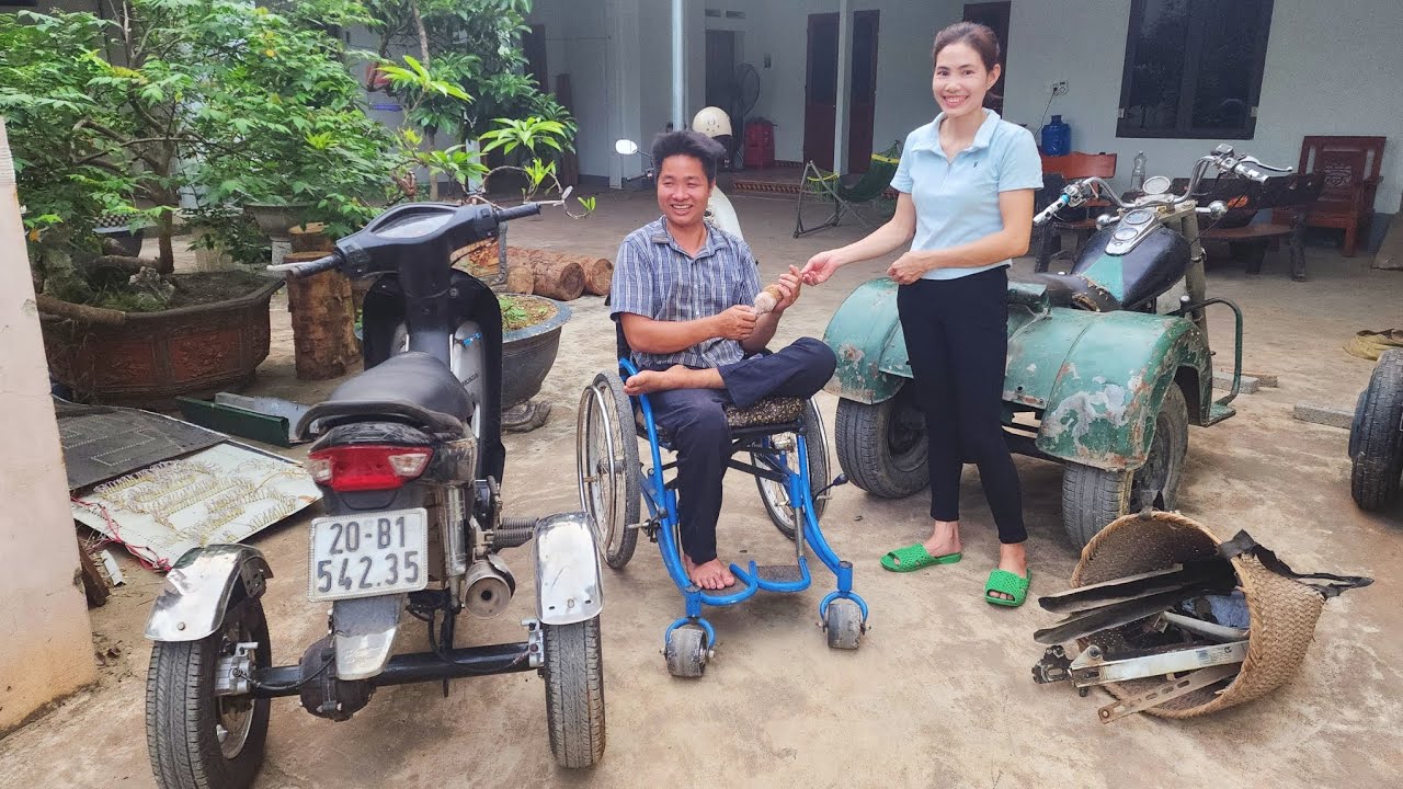 Genius girl. Assembling and repairing a tricycle for a disabled brother to walk.