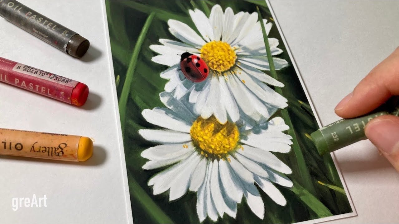 Oil pastel Drawing/Drawing ladybugs on flowers