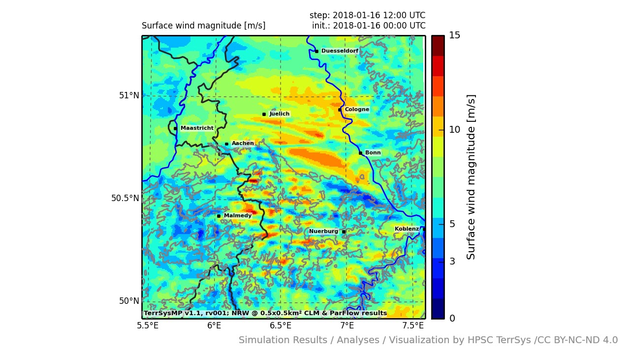 TerrSysMP monitoring run 2018-01-16 - surface wind magnitude - NRW (24h)