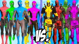 Team Spider-man Suit vs Color Deadpool Army - GTA 5 mod Deadpool | Chaos Multiverse vs Superheroes