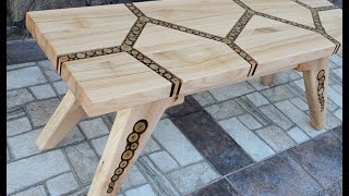 Hardwood bench with walnut inlays