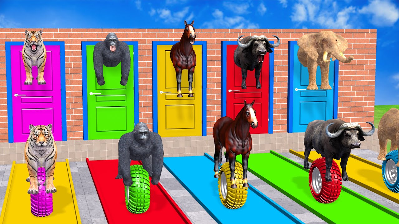 Long Slide Game With Cow Elephant Gorilla Hippopotamus Tiger - 3d Animal Game - Funny 3d Animals