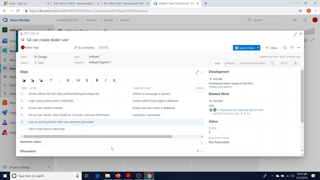 Azure Devops  - Create Test Cases, User Stories, Bugs/Defects Etc.