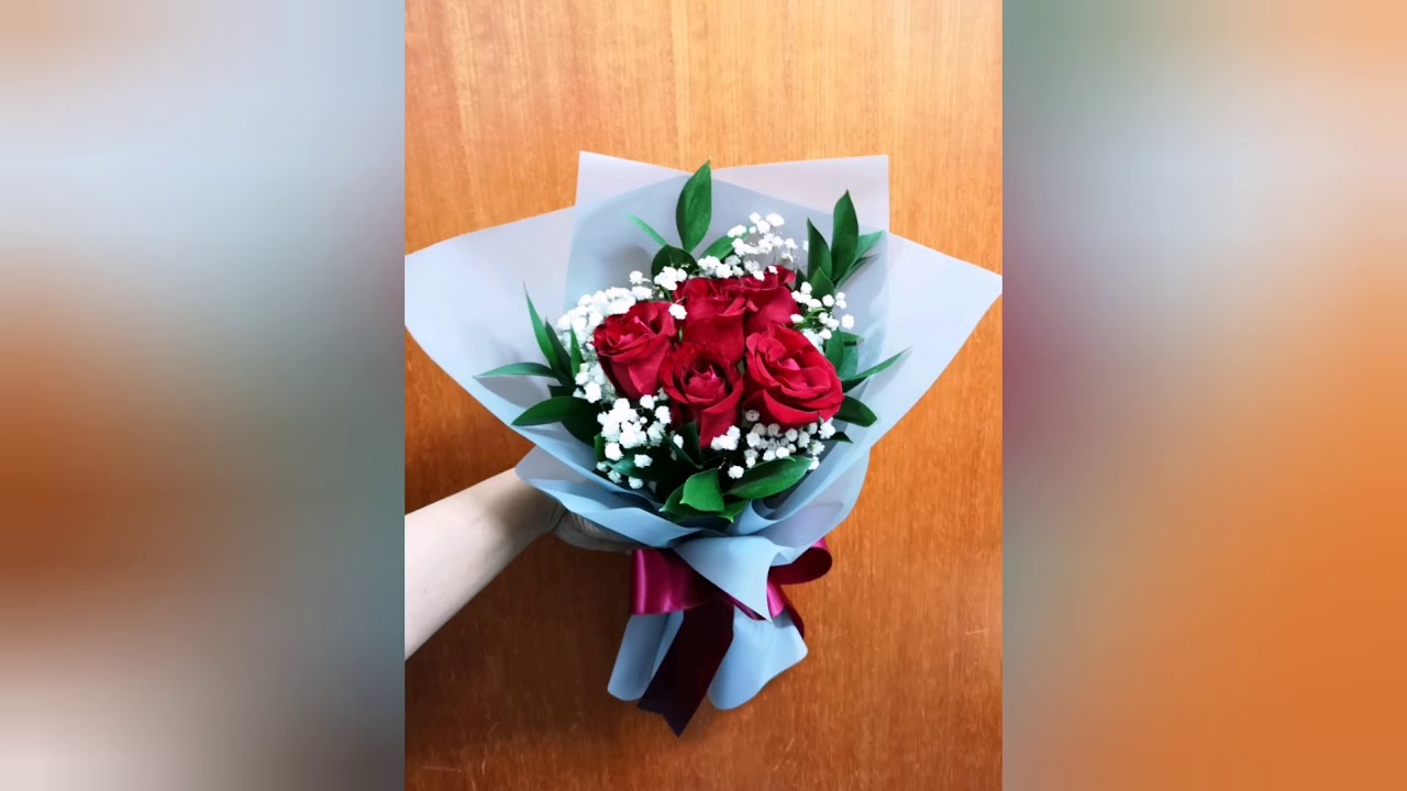 简单手花simple Bouquet 5 Red Roses Wit Baby Breath How To Make Youtube