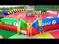 Mom helps vlad and niki find toys on the inflatable slides