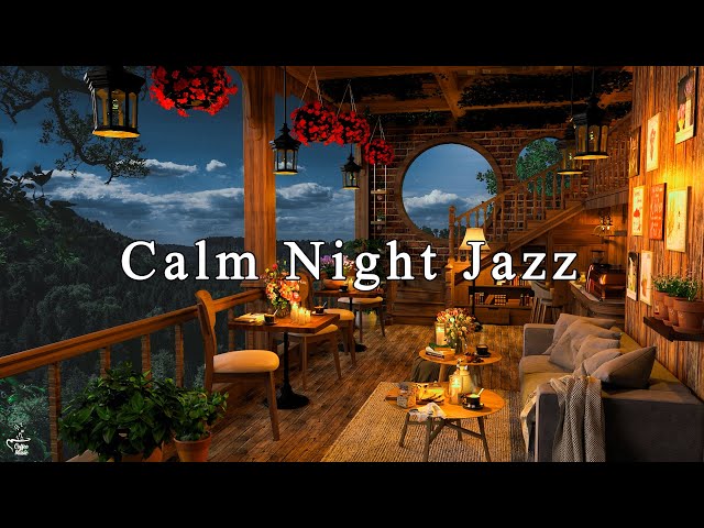 Calm Night in Cozy Coffee Shop Ambience ☕ Instrumental Jazz Music u0026 Soft Crickets Sounds to Relaxing class=