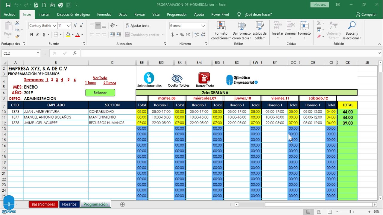 Plantilla control horario media jornada