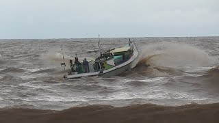 Wind Hard, Bad Weather, 1 Lifeboat Breaking Waves as go to Sea