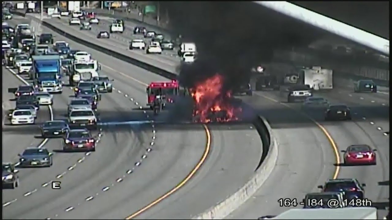 Large vehicle catches fire on I-84