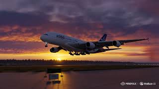 A380 landing video close up during sunset. Animated video.