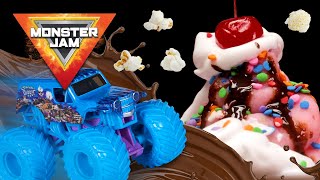 Monster Jam Trucks Land On A Birthday Cake! / Trucks vs Food!