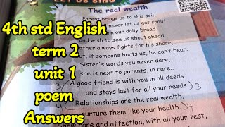 Details 4th std english /Term 2/Unit 1/Poem/book Back Answers/The Real Wealth 4th english Answers  Update