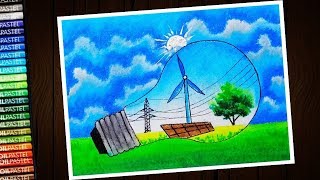 Save energy (Energy conservation) drawing with oil pastel for beginners - step by step